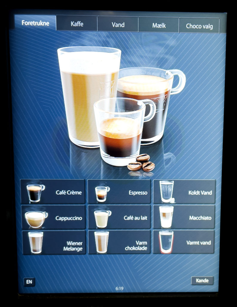 The coffee machine's menu with nine drinks